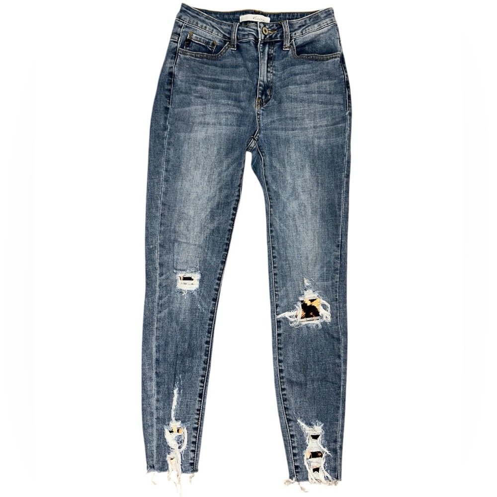 KanCan Distressed w/Animal Print Blue Denim Jeans 7/27